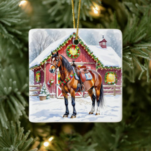 Ornement En Céramique Un Cheval Brown Festif et une grange d'hiver Noël