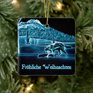 Ornement En Céramique Un Loup Sur La Neige - Fröhliche Weihnachten