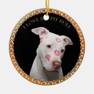 Ornement En Céramique Un pitbull blanc avec des baisers rouges partout s