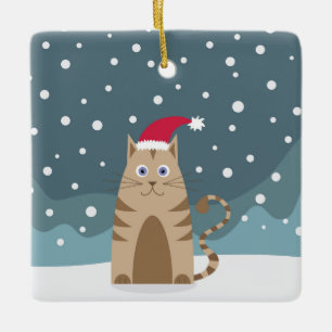 Ornement En Céramique Vacances d'hiver santa chapeau animal chat neige N