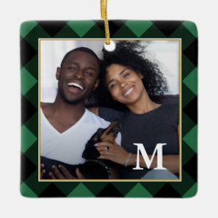 Ornement En Céramique Vacances Vert Plaid avec Monogramme Photo Noël