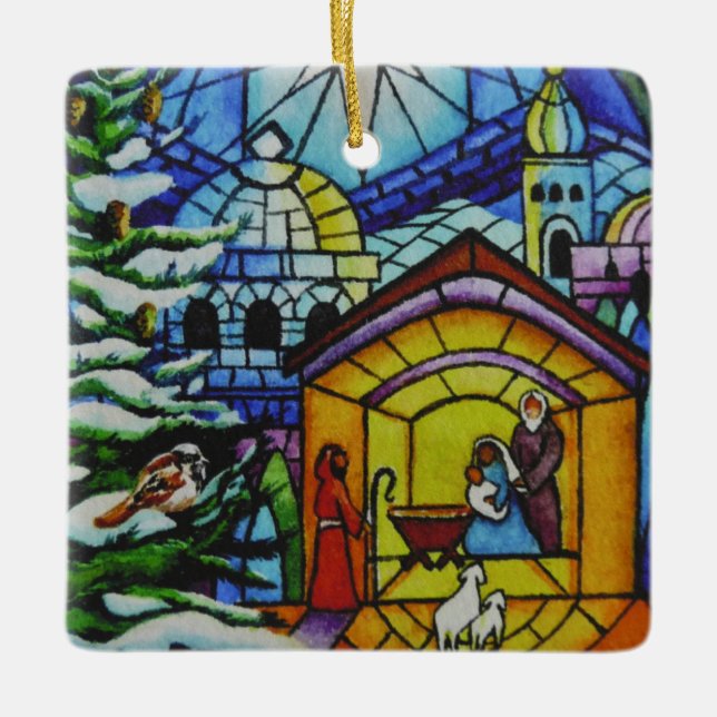 Ornement En Céramique Verre de Noël Vitre Aquarelle Art (Devant)