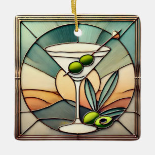 Ornement En Céramique Verre teinté du milieu du siècle 2 Martini olive