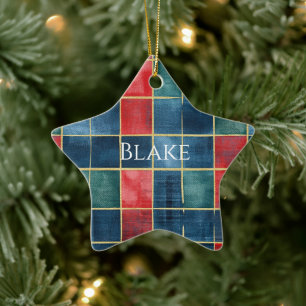 Ornement En Céramique Vert Bleu Rouge Or Plaid Rayures Noël