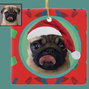 Ornement En Céramique Vert de Noël Rouge Votre Photo de Chien Ajouter No