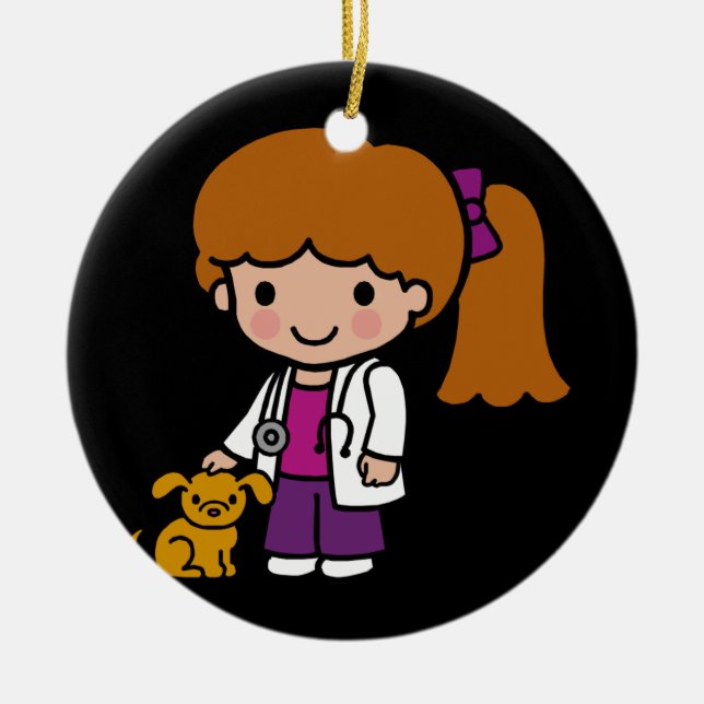 Ornement En Céramique Vétérinaire mignonne fille avec chiot (Devant)