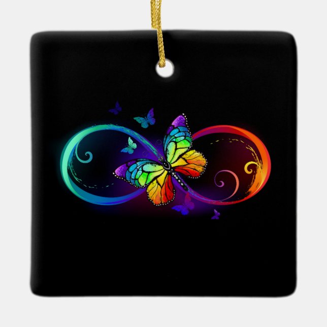 Ornement En Céramique Vibrant infinity with rainbow butterfly on black (Devant)