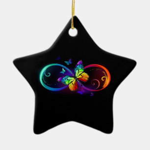 Ornement En Céramique Vibrant infinity with rainbow butterfly on black