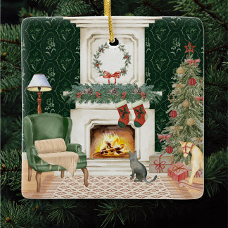 Ornement En Céramique Victorian Christmas Living Room Scene