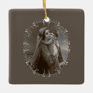 Ornement En Céramique Vierge vintage et enfant avec cadre argenté