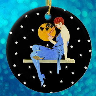 Ornement En Céramique Vintage 1920's Flapper Lady Moon Stars Red Hair
