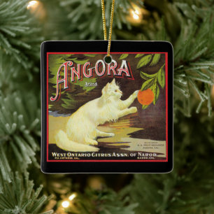 Ornement En Céramique Vintage Angora Blanc Chat Citrus Étiquette de frui