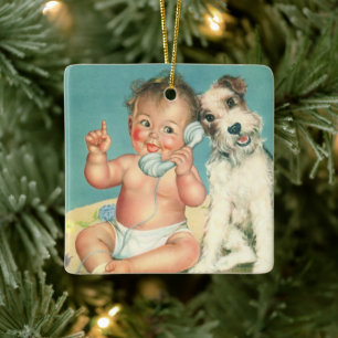 Ornement En Céramique Vintage Bébé Mignon Parlant au Téléphone Chien Tou