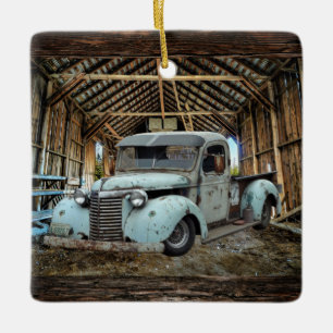 Ornement En Céramique Vintage Bleu Camion Rustique Grange en céramique O