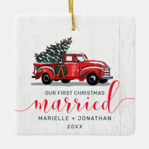 Ornement En Céramique Vintage Camion Rouge Premier Noël Marié Photo