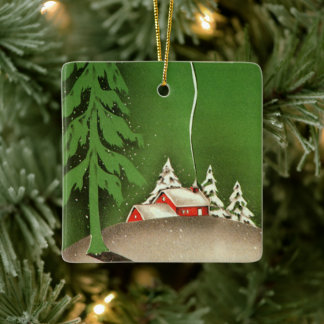 Ornement En Céramique Vintage Christmas, House in Forest Winter Snow