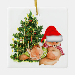 Ornement En Céramique Vintage Noël Arbre et Renards