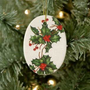 Ornement En Céramique Vintage Noël, Holly Plante avec les baies rouges