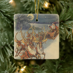 Ornement En Céramique Vintage Noël Père Noël Sleigh avec Reindeer