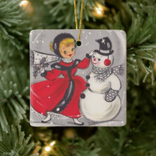 Ornement En Céramique Vintage Noël Snowman Danser Avec Fille