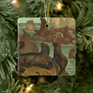 Ornement En Céramique Vintage Sea Lions on the Beach, Marine Life Animal