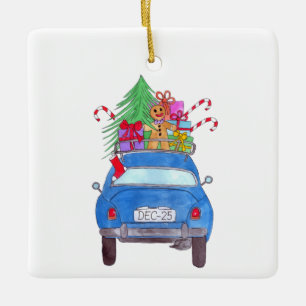 Ornement En Céramique Voiture bleue avec cadeaux de Noël Aquarelle