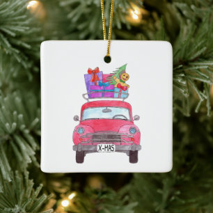 Ornement En Céramique Voiture rouge avec cadeaux de Noël Aquarelle