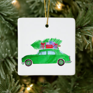 Ornement En Céramique Voiture verte avec cadeaux de Noël Aquarelle