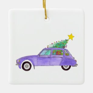 Ornement En Céramique Voiture violette avec cadeaux de Noël