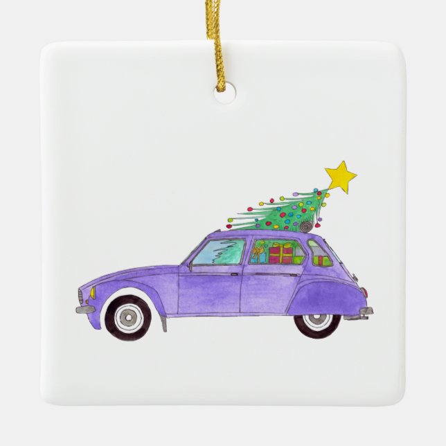 Ornement En Céramique Voiture violette avec cadeaux de Noël (Devant)