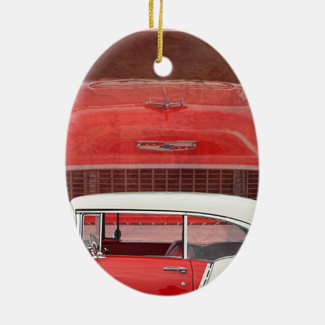 Ornement En Céramique Voitures classiques Chevy Bel Air Dodge Rouge Blan (Dos)