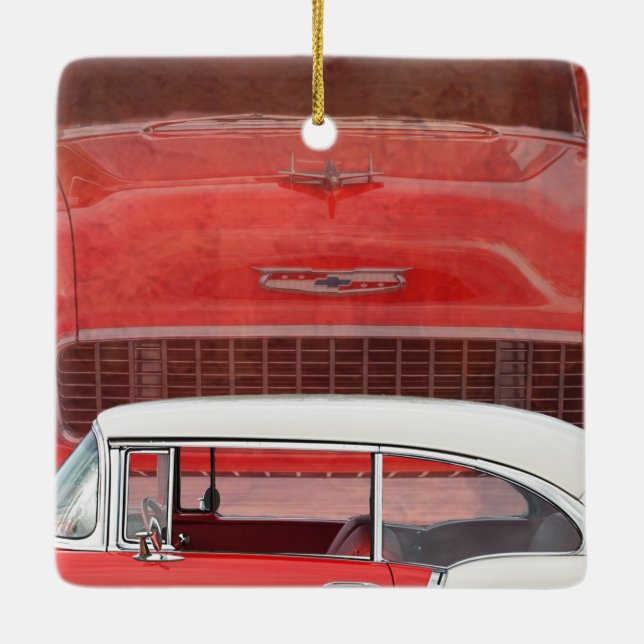 Ornement En Céramique Voitures classiques Chevy Bel Air Dodge Rouge Blan (Dos)