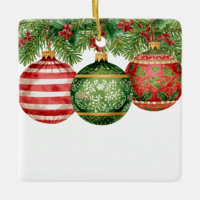 Ornement En Céramique Watercolor Ornaments Pine Boughs Christmas (Devant)