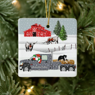 Ornement En Céramique Western Farm Ranch Père Noël Cattle and Dog