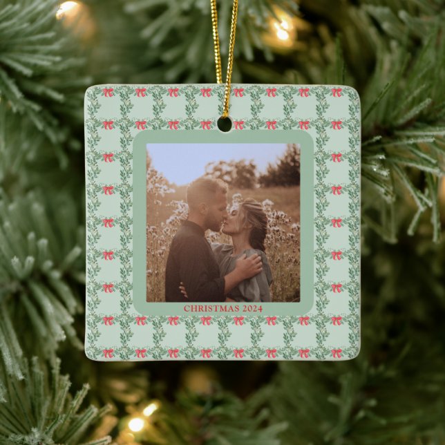 Ornement En Céramique Whimsical Retro | Motif de Noël avec photo (Arbre)