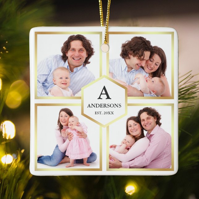 Ornement En Céramique White and Gold 4 Photos Family Photo Collage (Créateur téléchargé)