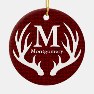 Ornement En Céramique White Deer Antlers Red Faux Burlap