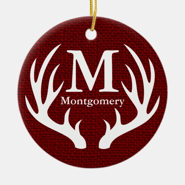 Ornement En Céramique White Deer Antlers Red Faux Burlap (Devant)