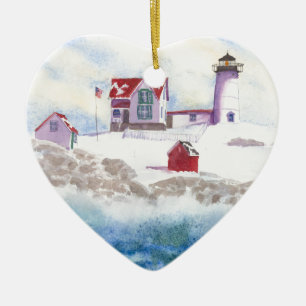 Ornement En Céramique winter at Nubble LIghthouse  Maine Heart Ornament
