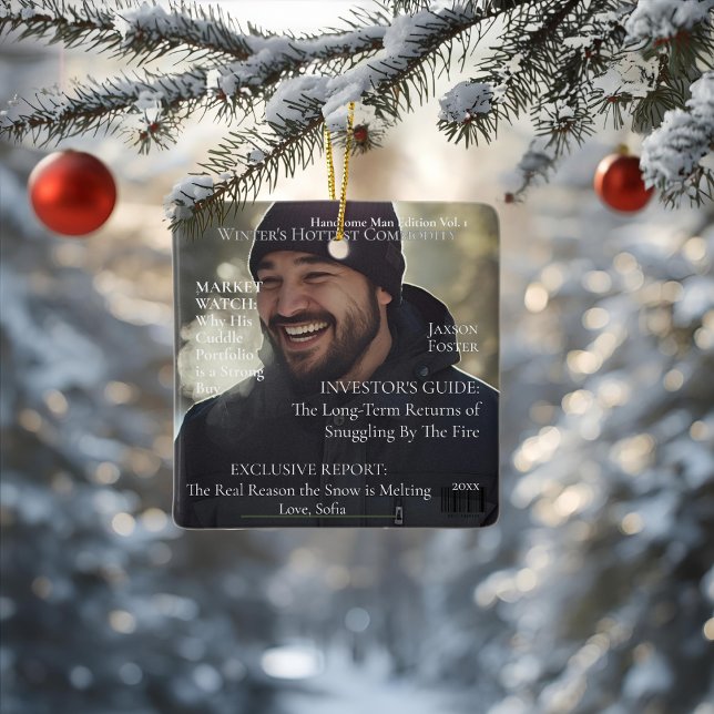 Ornement En Céramique Winter's Hottest Commodity magazine husband (Professional product mockup, front-view of a square ceramic 'Winter's Hottest Commodity' ornament wi)