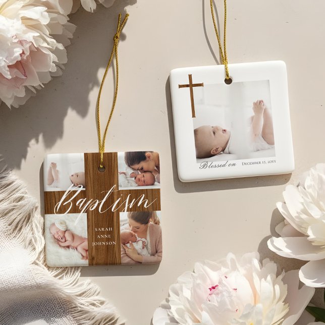 Ornement En Céramique Woodgrain Baptism Calligraphy Photo Collage Baby (Woodgrain Baptism Calligraphy Photo Collage Baby Ceramic Ornament)