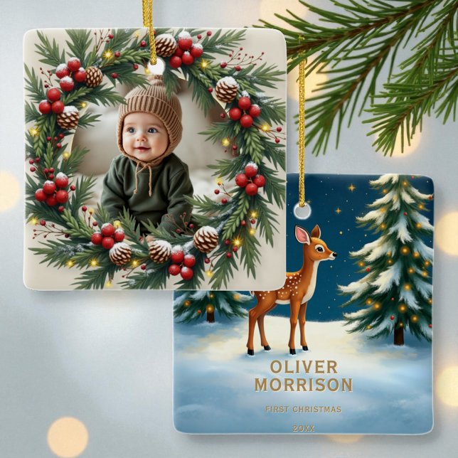 Ornement En Céramique Woodland 1st First Christmas Baby Photo (Créateur téléchargé)