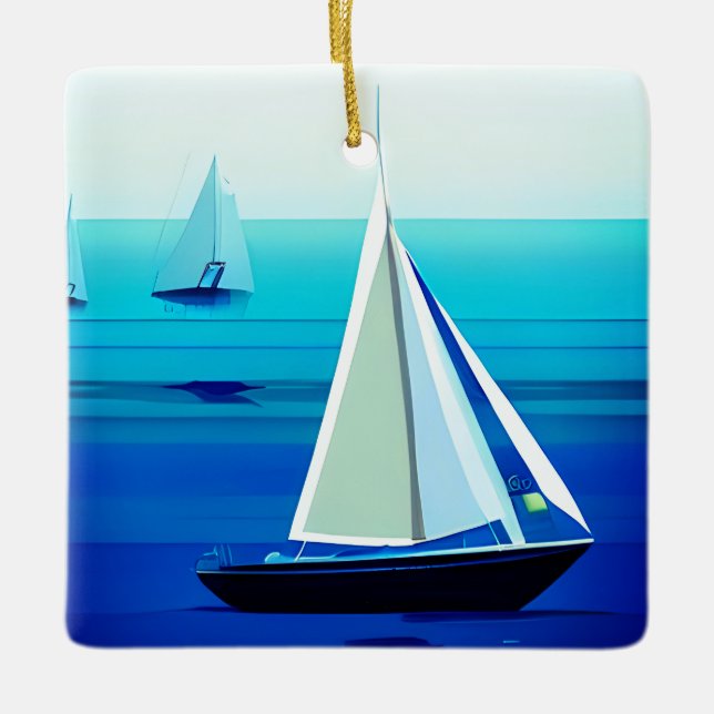 Ornement En Céramique Yacht Sous Voile, Bleu Cobalt (Devant)