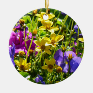 Ornement En Céramique Yellow Coreopsis and Purple Violas Colorful Floral
