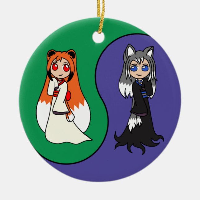 Ornement En Céramique Yin et Yang les filles de Fox (Kitsune) (Devant)