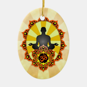 Ornement En Céramique Yoga Aum de méditation, orange et jaune