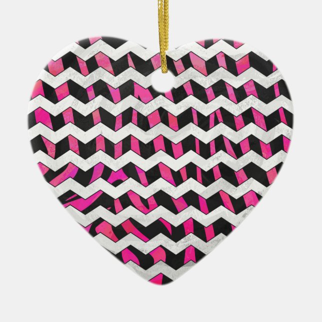 Ornement En Céramique Zebra Chevron noir et rose chaud (Devant)