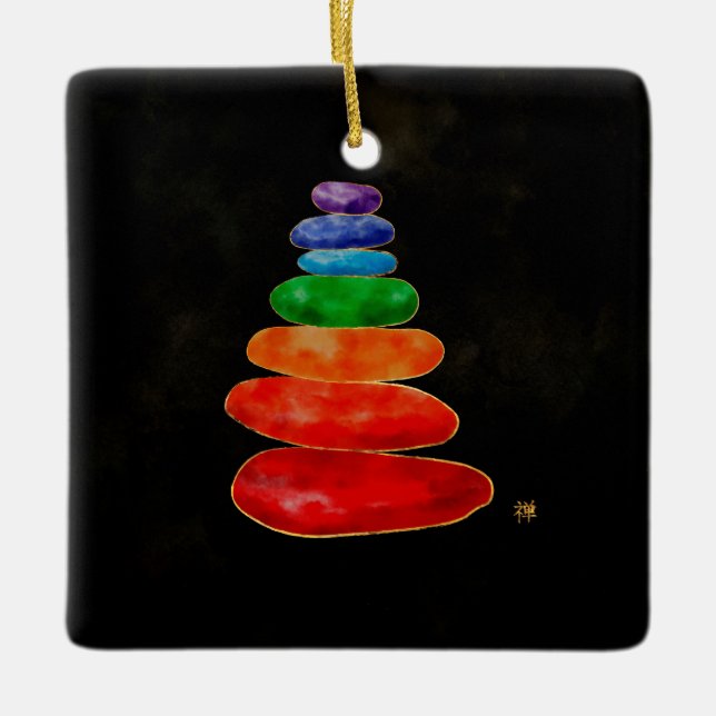 Ornement En Céramique Zen Pebbles Chakras - Aquarelle et or (Devant)