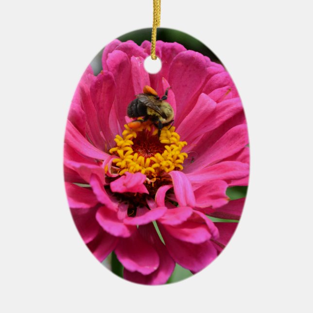 Ornement En Céramique Zinnia rose et bourdon (Devant)