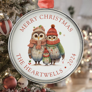 Ornement En Métal 2024 Famille de hiboux personnalisée Joyeux Noël